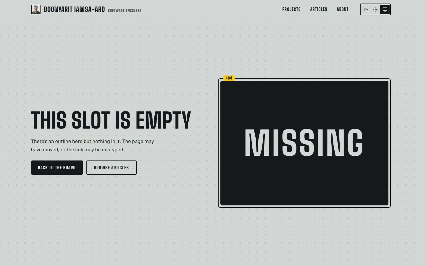 The 404 page, an empty slot on the board